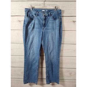 Lee Women's‎ Blue Solid Stretch Mid Rise Regular Fit Straight Leg Jeans Size 14P